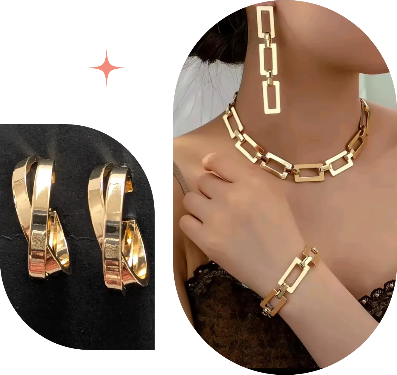 Gold geometric jewelry set on display